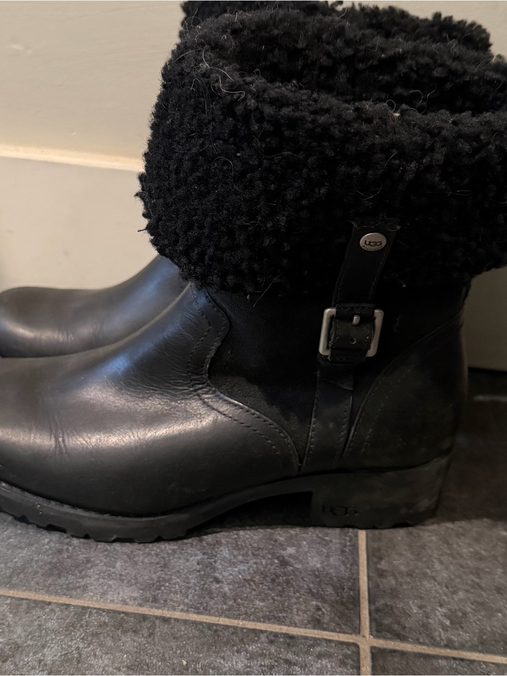 UGG Black Leather Shearling Cuff Buckle Boot
